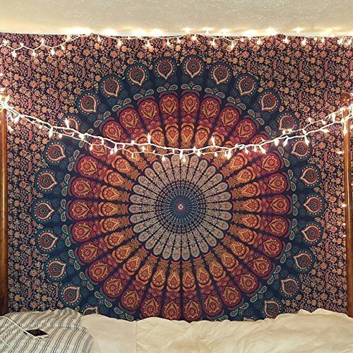 Indian hippie Bohemian Psychedelic Peacock Mandala Wall hanging Bedding Tapestry Golden Blue Medium 54x60Inches137x152cms